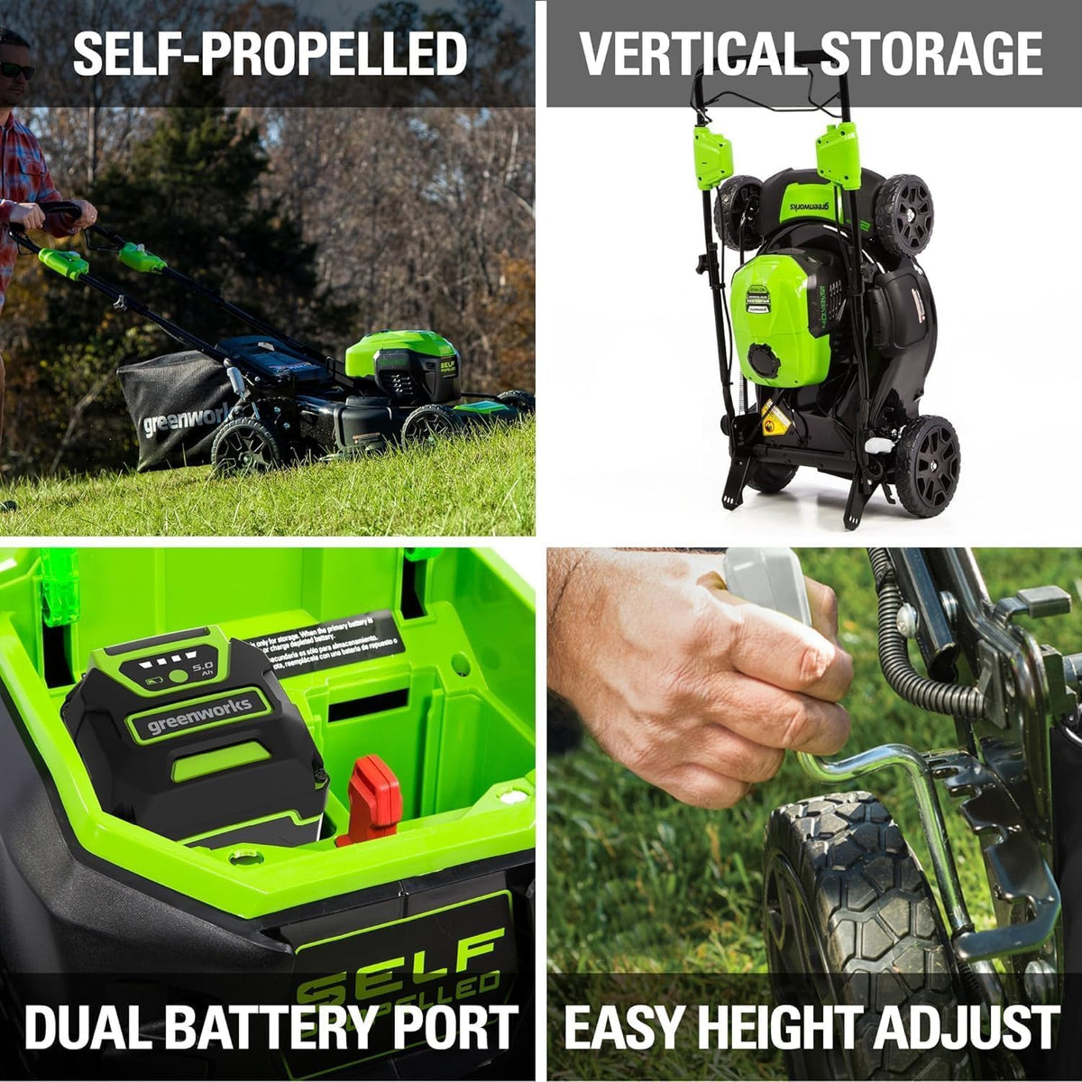 Greenworks 40V 21 inch Self-Propelled Lawn Mower, 500 CFM 120 MPH Axial Blower, 13 inch String Trimmer - 2 Batteries 5Ah+2Ah & Chargers