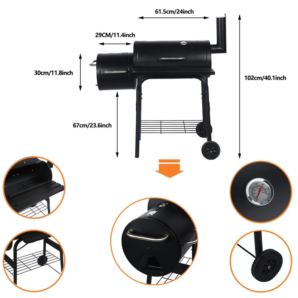Vebreda Portable Charcoal BBQ Grill With Offset Smoker, Steel, Black, Thermometer, Wheels