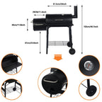 Vebreda Portable Charcoal BBQ Grill With Offset Smoker, Steel, Black, Thermometer, Wheels