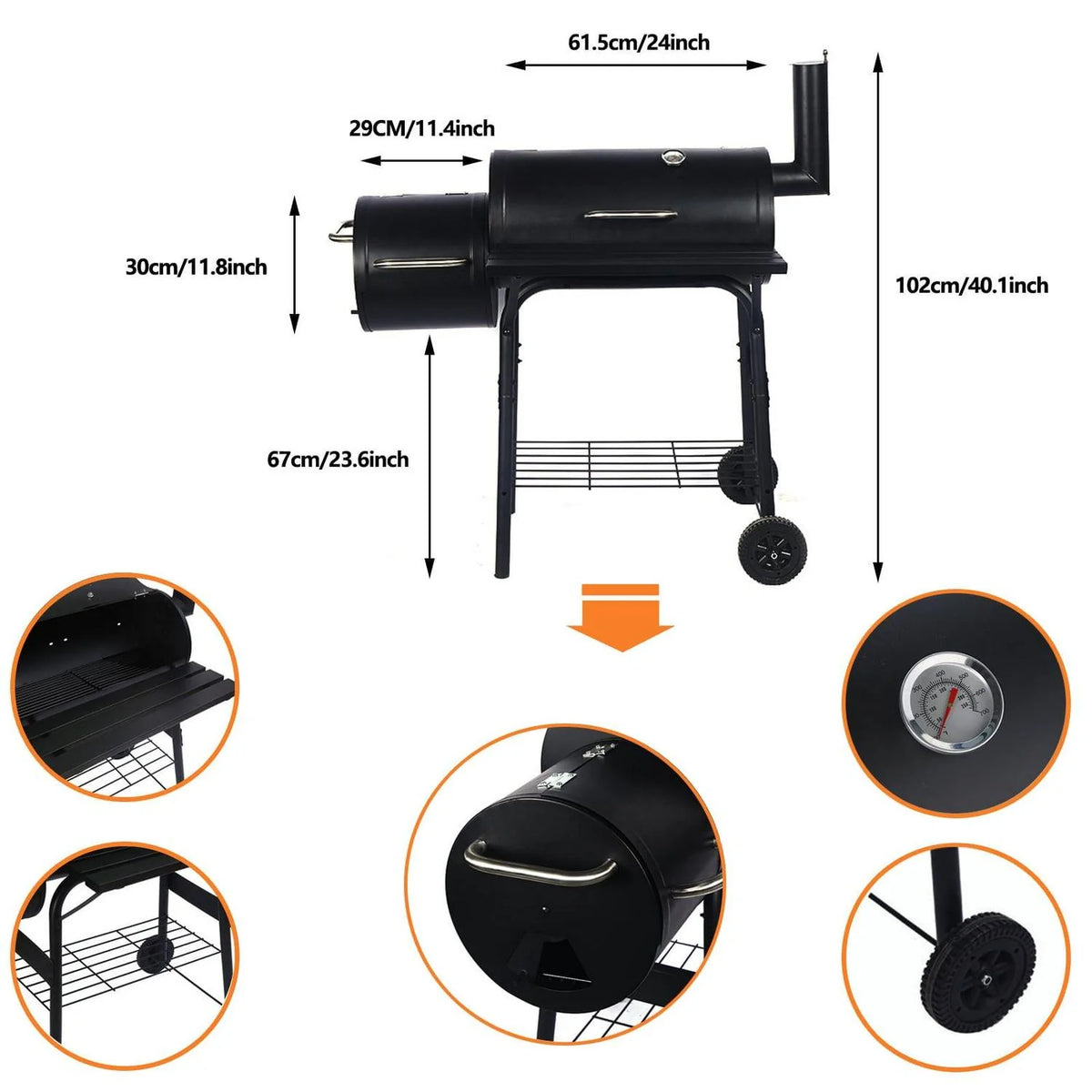 Vebreda Portable Charcoal BBQ Grill With Offset Smoker, Steel, Black, Thermometer, Wheels