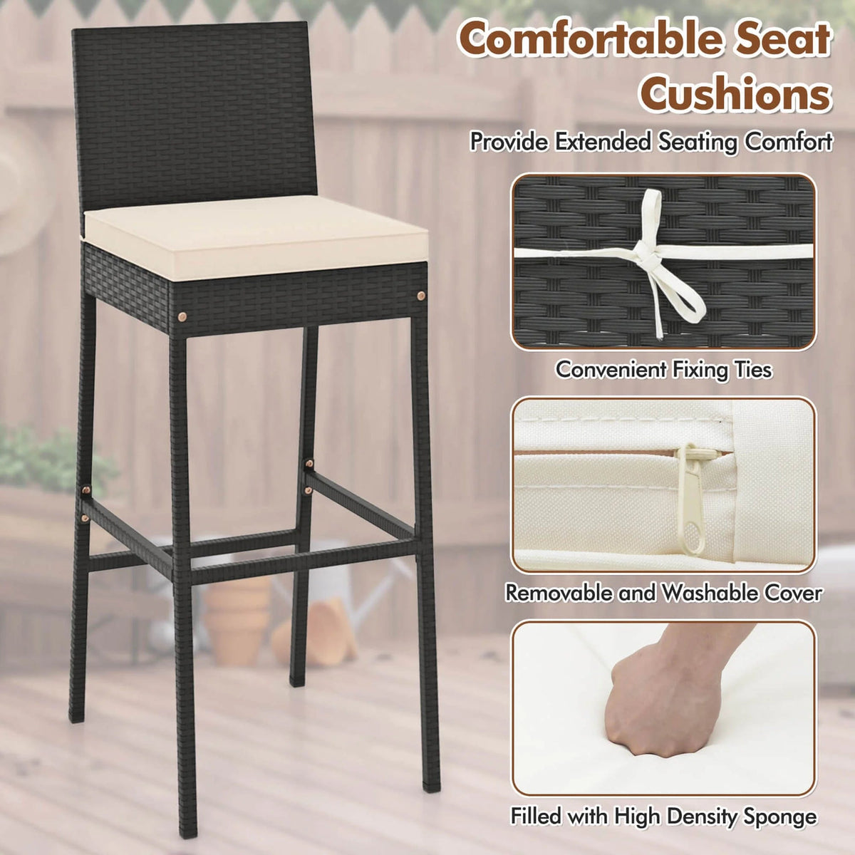 Costway 7-Piece Outdoor Patio Bar Set With Acacia Wood Tabletop, Black And Off White - 73in x 31.5in x 43.5in