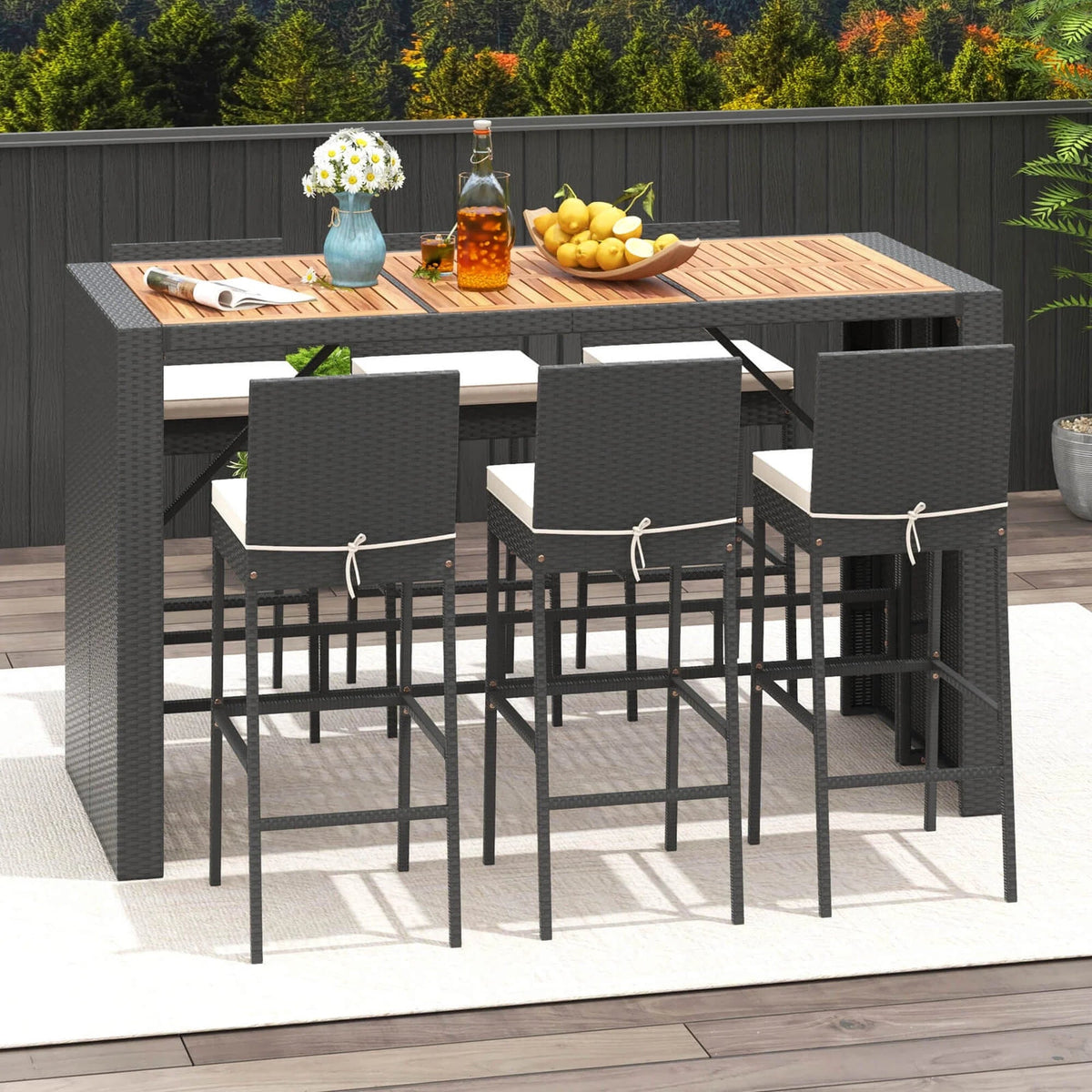 Costway 7-Piece Outdoor Patio Bar Set With Acacia Wood Tabletop, Black And Off White - 73in x 31.5in x 43.5in