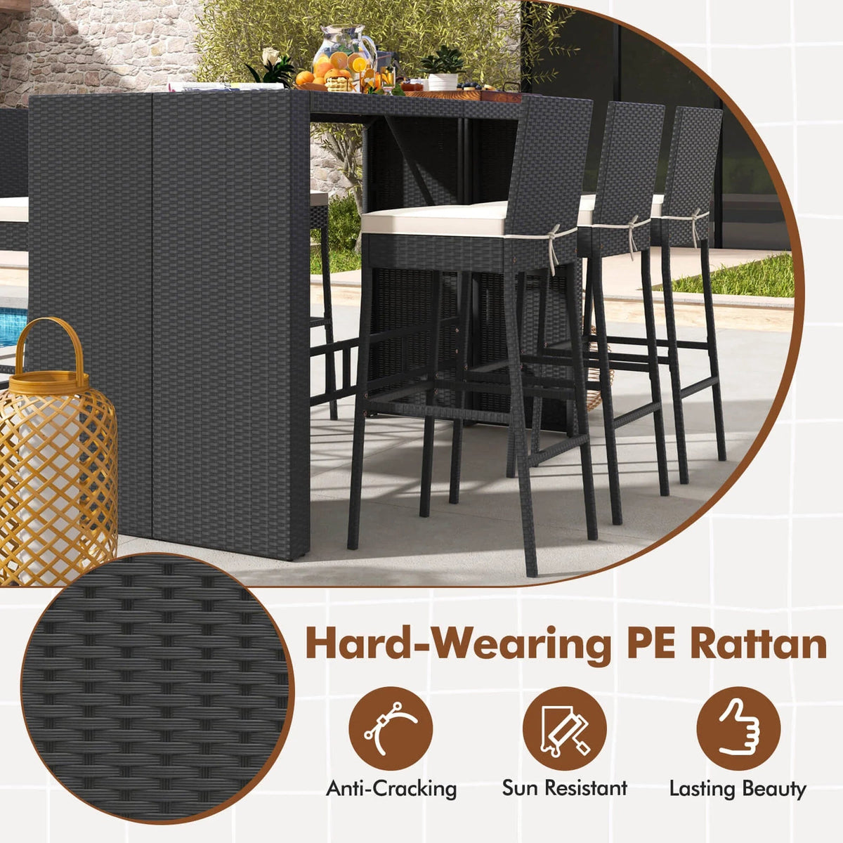Costway 7-Piece Outdoor Patio Bar Set With Acacia Wood Tabletop, Black And Off White - 73in x 31.5in x 43.5in