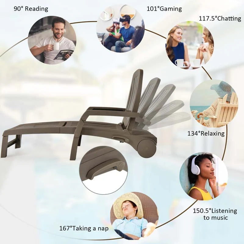 Folding Plastic Outdoor Chaise Lounge Chair With Wheels, 6-Position, 65.5 x 29 x 16.5-37 in, 330 lbs