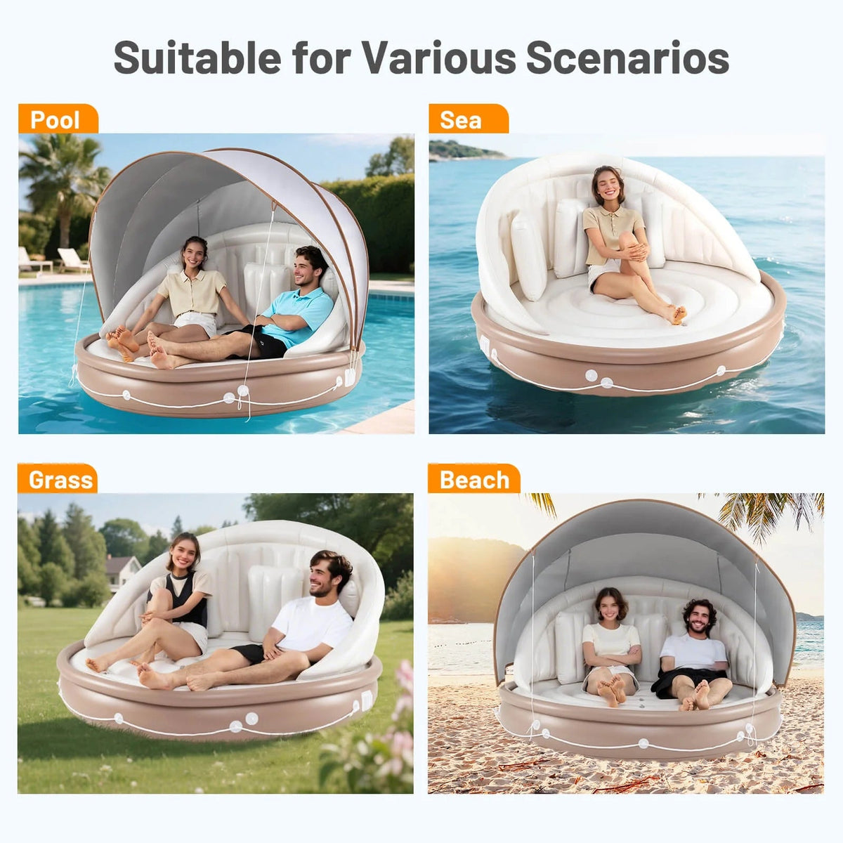 Costway Canopy Inflatable Pool Float Lounge, 71'' x 71'' x 63'' - White Brown Silver
