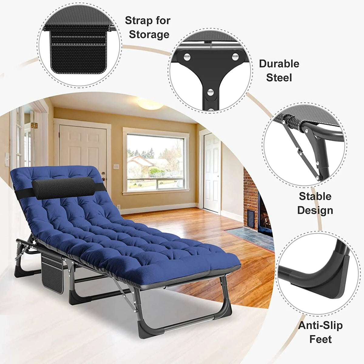 Slsy 5-Position Adjustable Folding Lounge Chair And Cot - 75.2" x 25.6" x 11.8"
