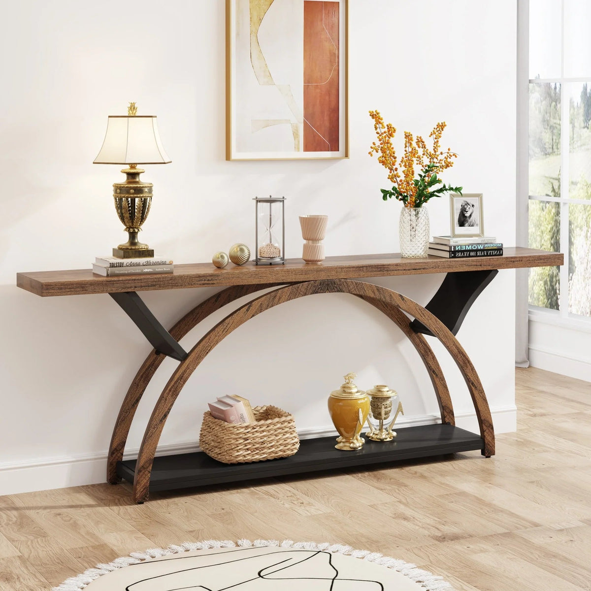 2-Tier Slim Console Sofa Table, Engineered Wood and Metal - 11.81 in D x 70.87 in W x 33.46 in H