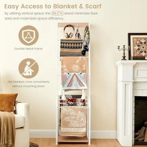 Pinzoveco 7-Tier Blanket Ladder Shelf With 4 Hooks, 5.5 ft / 18.1 x 12.6 x 66.2 in