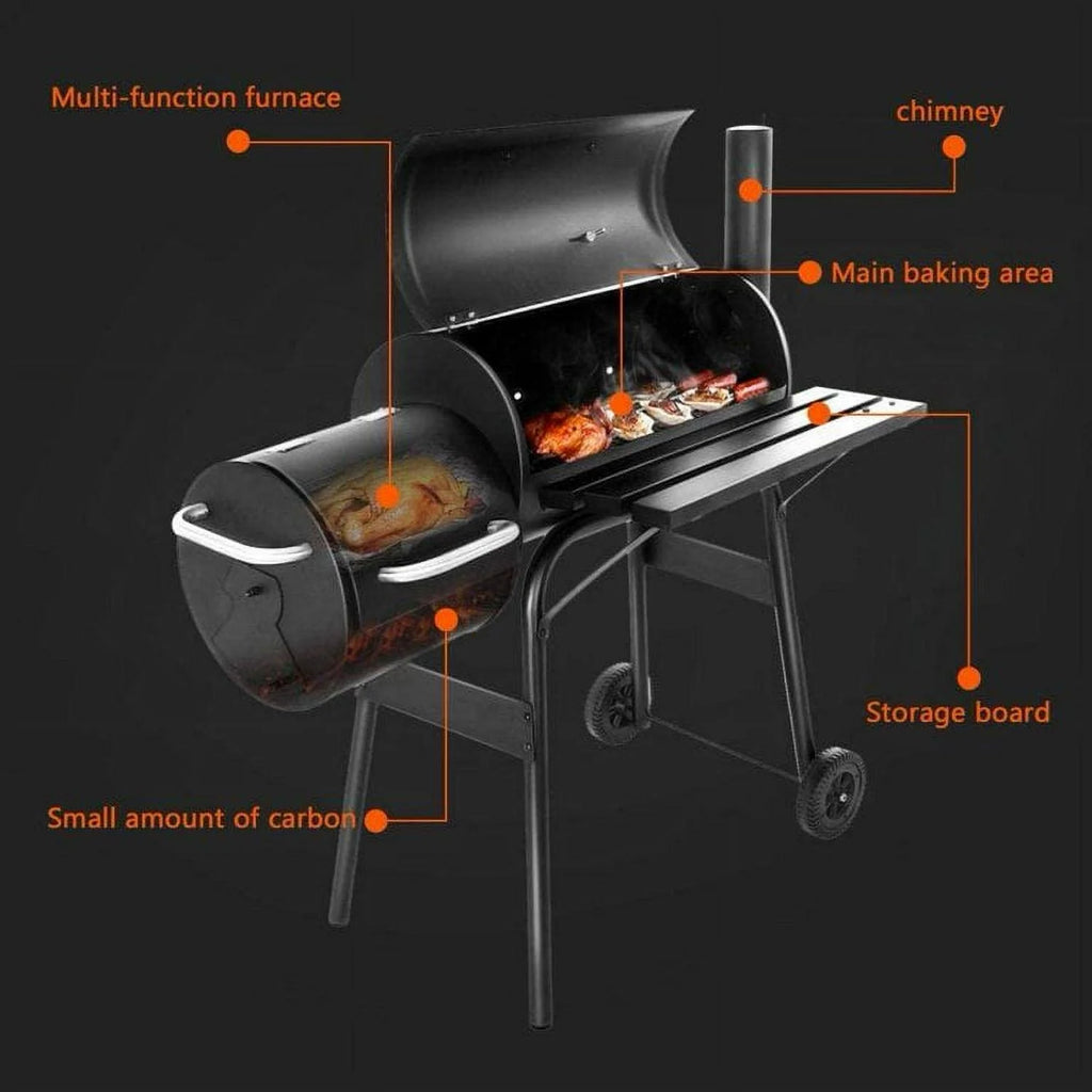 Vebreda Portable Charcoal BBQ Grill With Offset Smoker, Steel, Black, Thermometer, Wheels