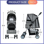 Dkelincs 4-Wheel Foldable Dog Cat Stroller Travel Carrier, Grey - 29.5in L x 18.9in W x 39.8in H