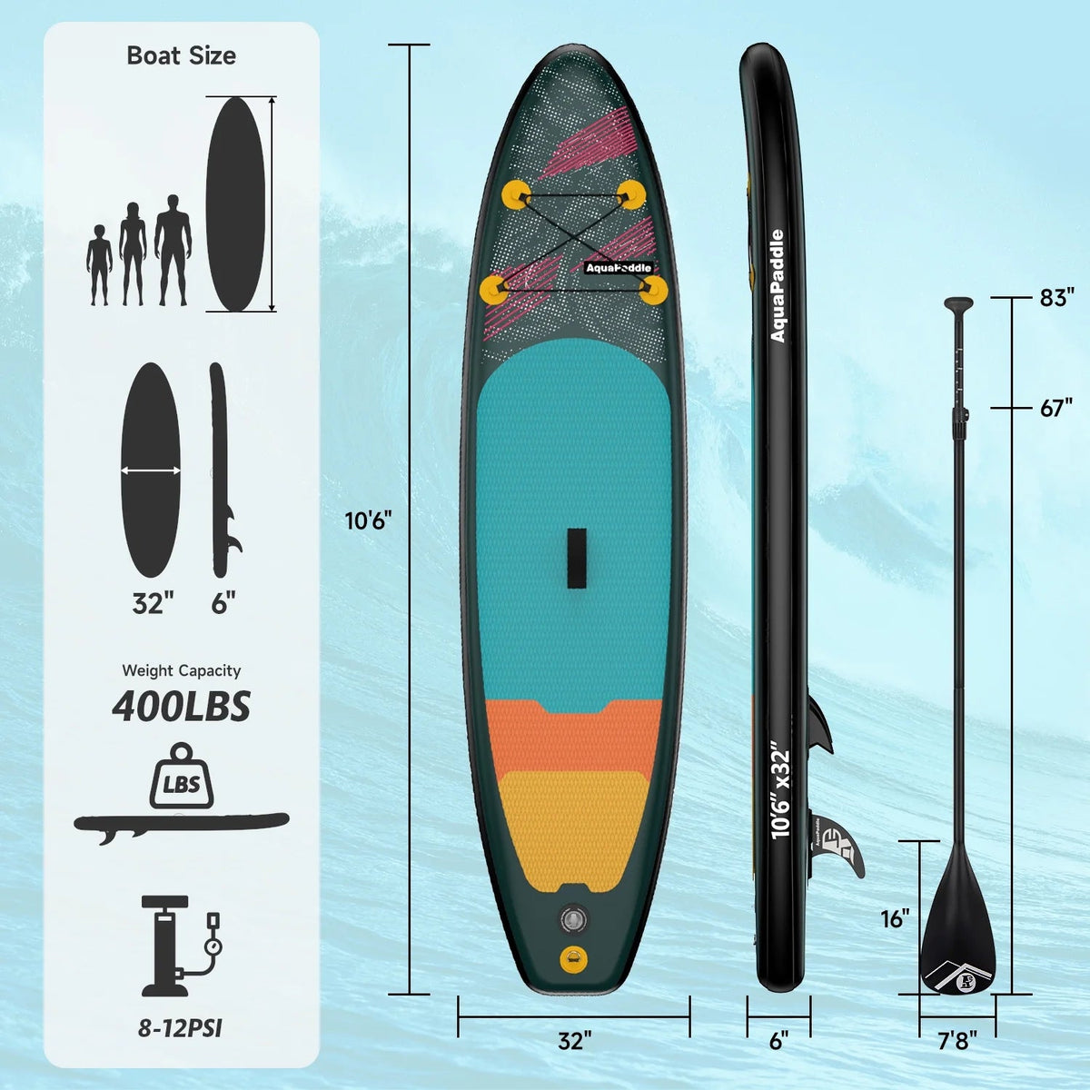 LNOW 10'6 Inflatable Stand Up Paddle Board, 6 ft Thick - Triple Action Pump