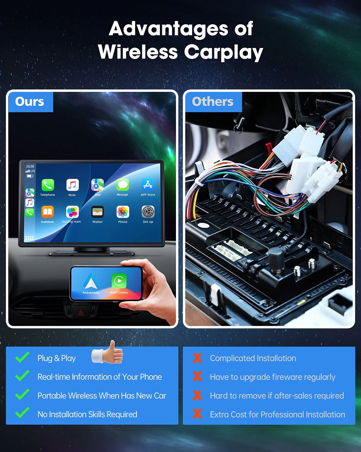 LAMTTO 9 inch Portable Wireless CarPlay Car Stereo With 2.5K Dash Cam, 1080p Backup Camera And 64GB SD Card