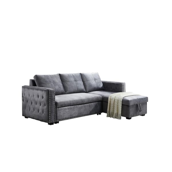 Reversible Gray Velvet Sleeper Sectional Sofa, 90.5 in, 3 Seat, L-Shape With Storage