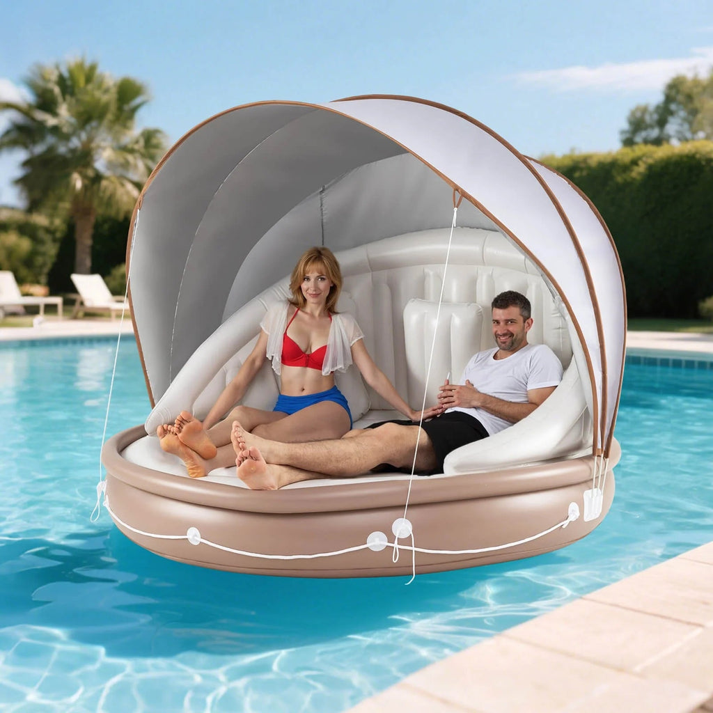 Costway Canopy Inflatable Pool Float Lounge, 71'' x 71'' x 63'' - White Brown Silver