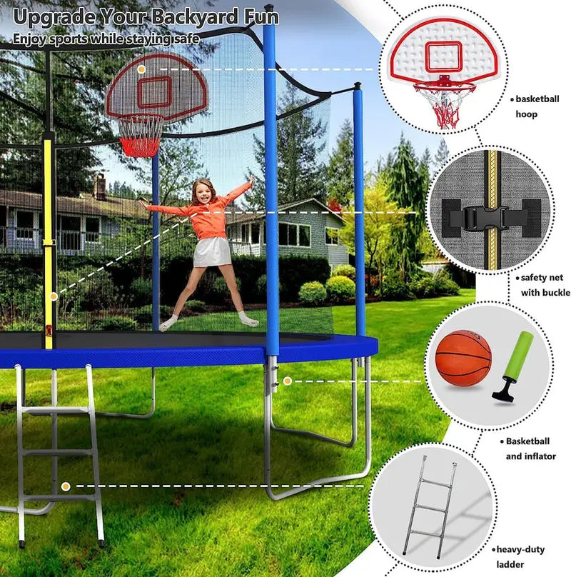 Trampoline With Enclosure Net And Adjustable Basketball Hoop - 8ft, 10ft, 12ft, 14ft, 15ft, 16ft