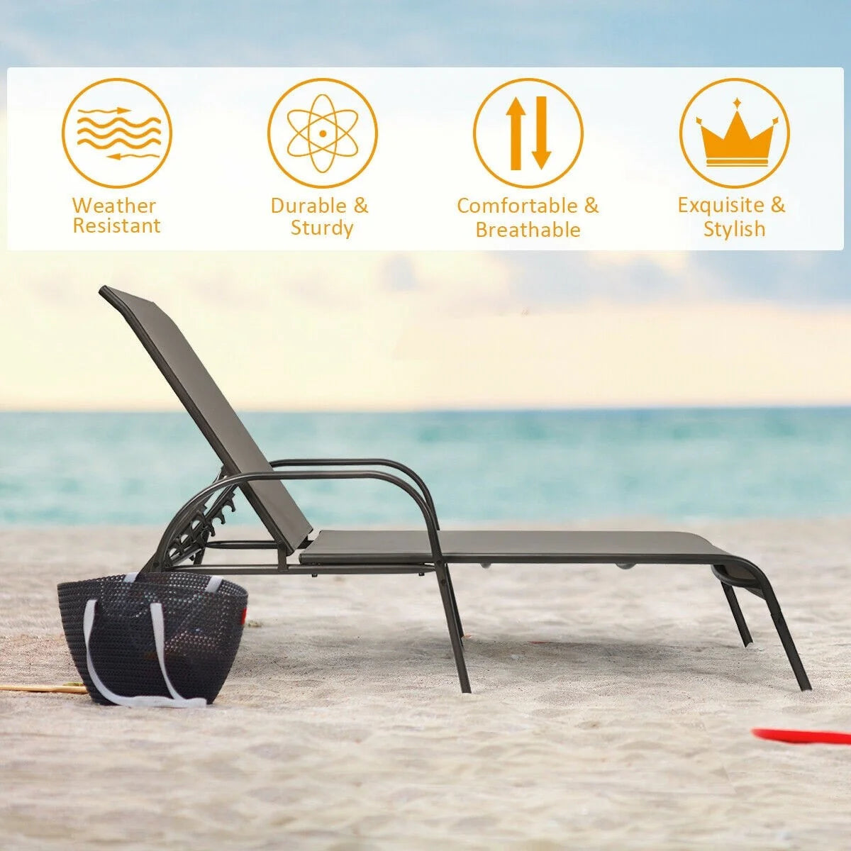 Fabric Folding Outdoor Chaise Lounge Chairs, 2 Pcs, 5 Position