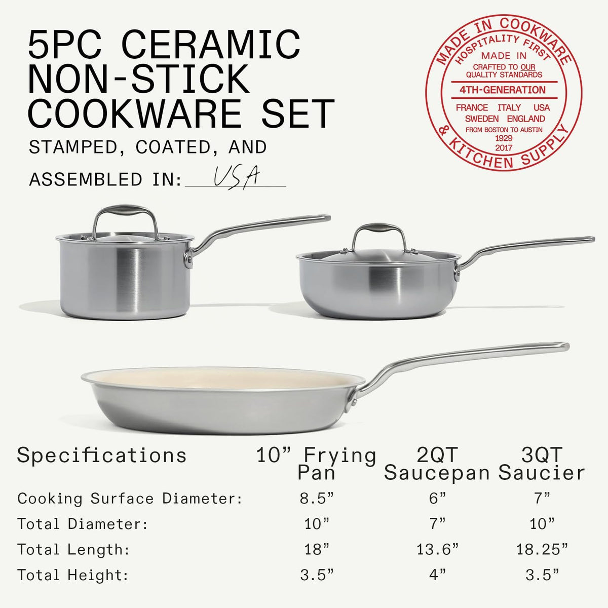 Made In Cookware Ceramic Non Stick Cookware Set, 5 Pc, 5 Ply Clad - Small Spaces Set