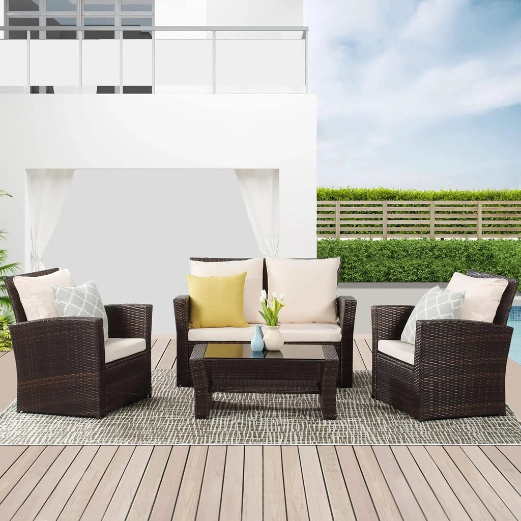 Wisteria Lane 4-Piece Outdoor Wicker Patio Conversation Set With Blue Cushions
