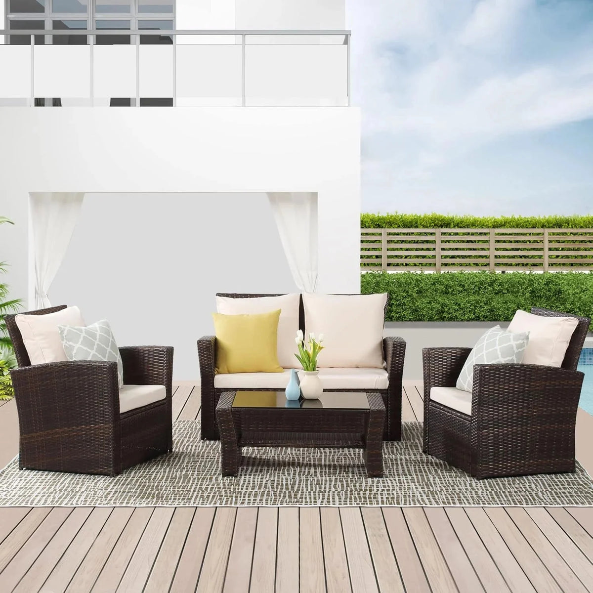 Wisteria Lane 4-Piece Outdoor Wicker Patio Conversation Set With Blue Cushions