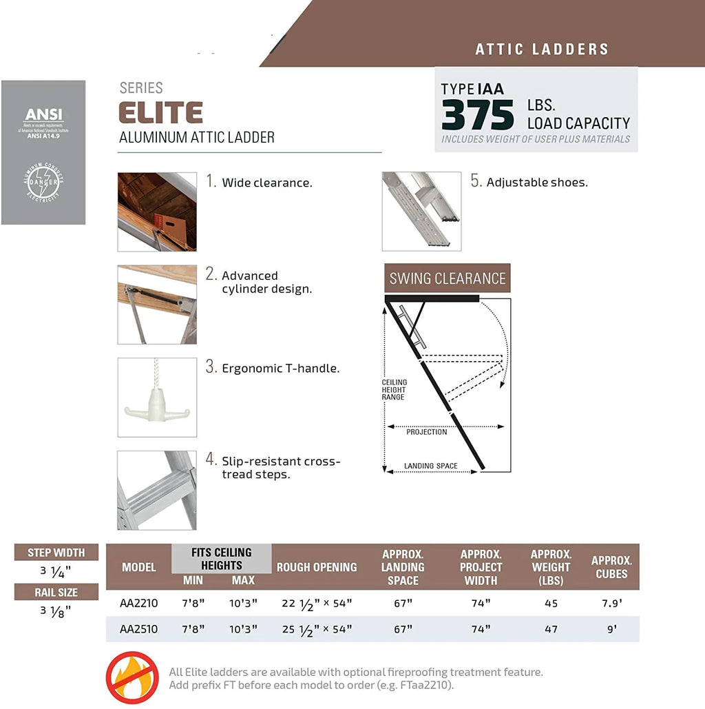 Elite Aluminum Attic Ladder, 25-1/2 by 54-Inch Rough Opening, 7-10-Foot Ceiling Height, 375-Pound Capacity - AA2510