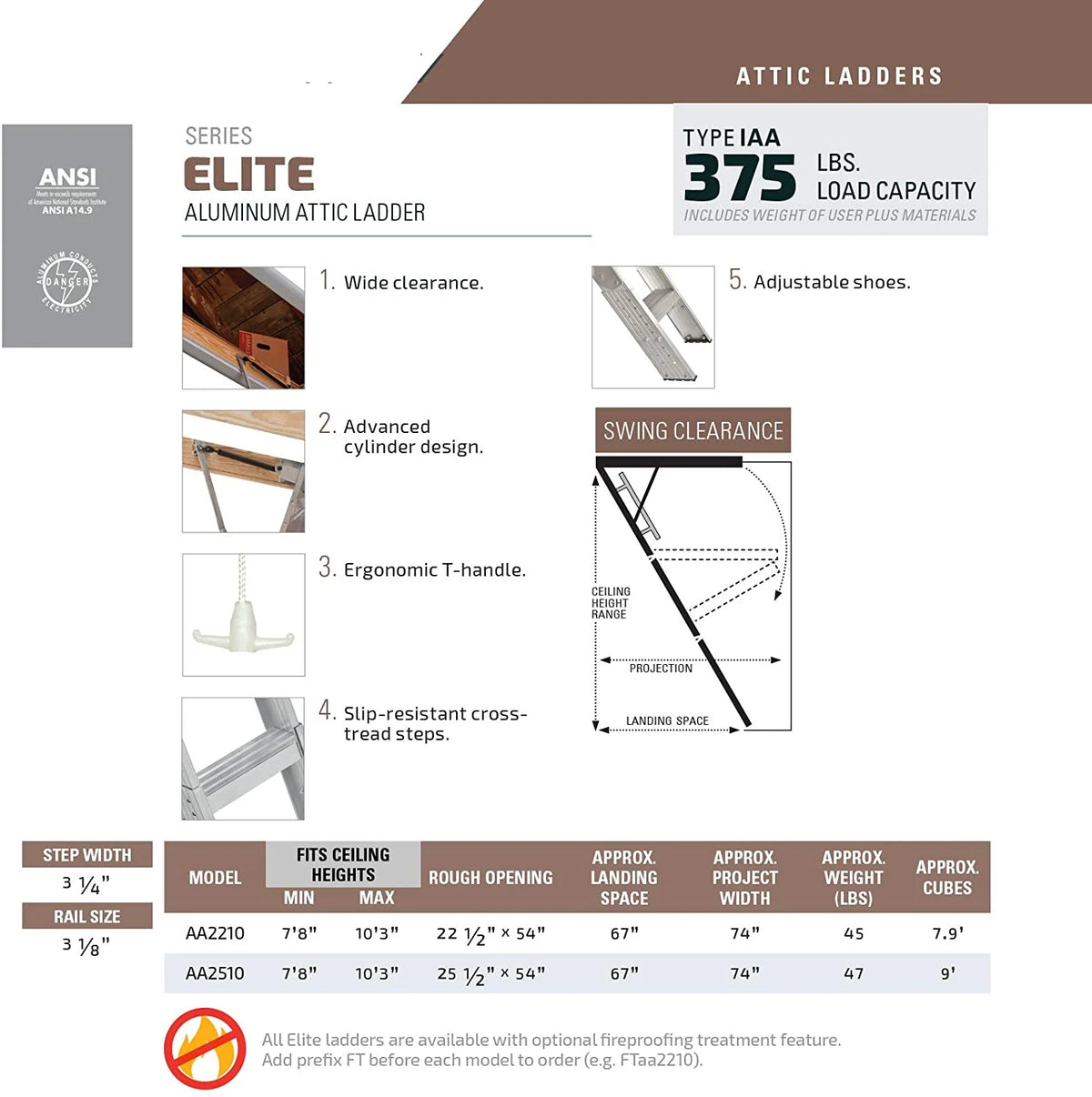 Elite Aluminum Attic Ladder, 25-1/2 by 54-Inch Rough Opening, 7-10-Foot Ceiling Height, 375-Pound Capacity - AA2510