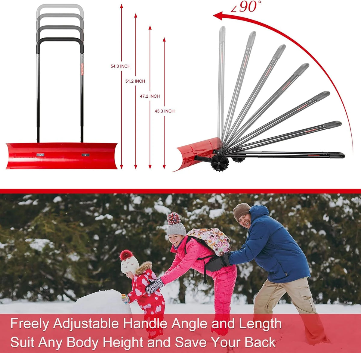 Brewin SnowPro 38 Inch Bi-Directional Wheeled Snow Pusher, Red - H955N