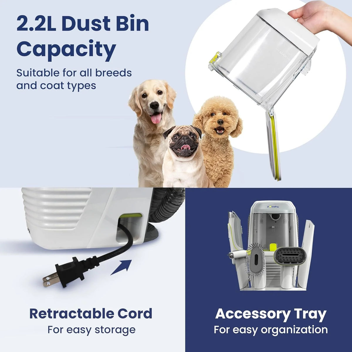 PAWSPIK Pet Grooming Vacuum Kit, 7 Tools, 6 Suction Levels, 2.2L Dust Bin - GroomingPro Rx