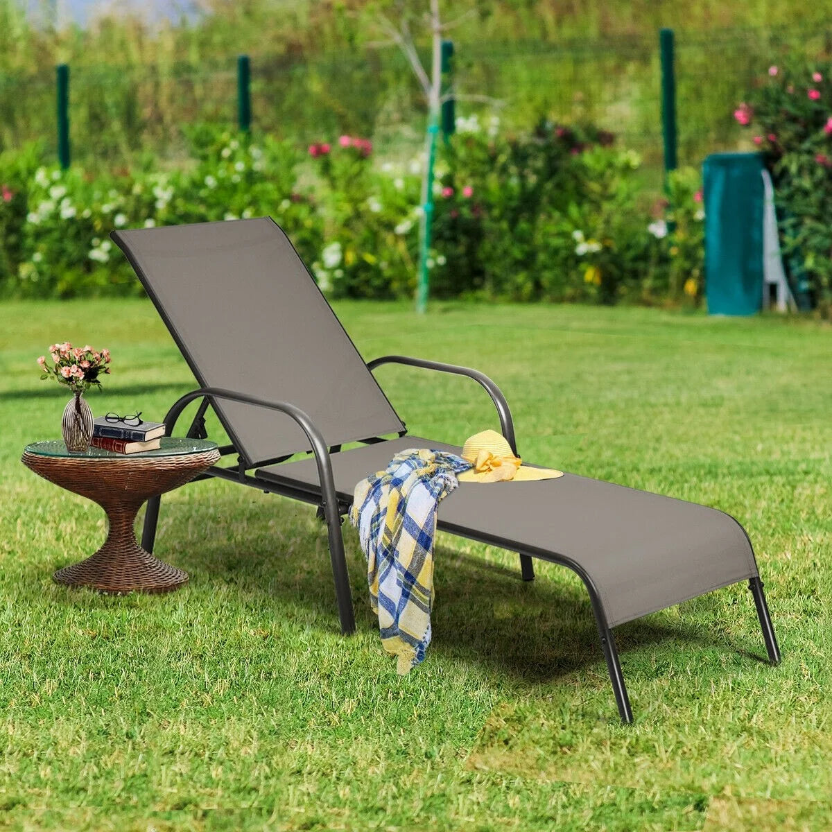 Fabric Folding Outdoor Chaise Lounge Chairs, 2 Pcs, 5 Position