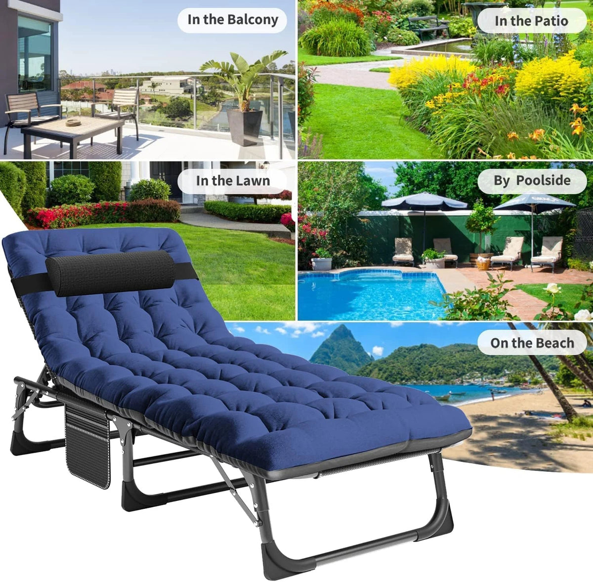 Slsy 5-Position Adjustable Folding Lounge Chair And Cot - 75.2" x 25.6" x 11.8"