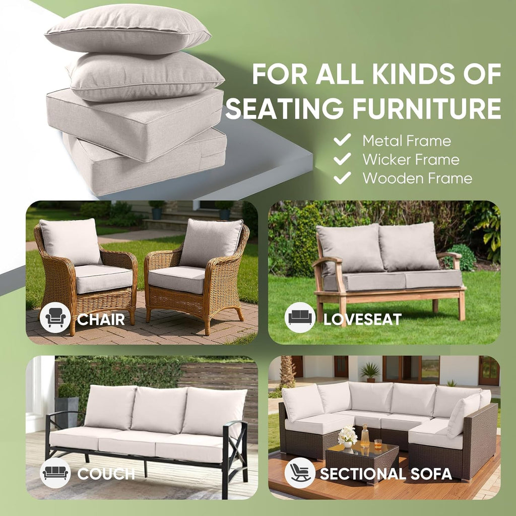 moosprr Outdoor Chair Cushion Set - 24x24, 6 Inch Thick, Beige, 3 Seat And 3 Back Cushions