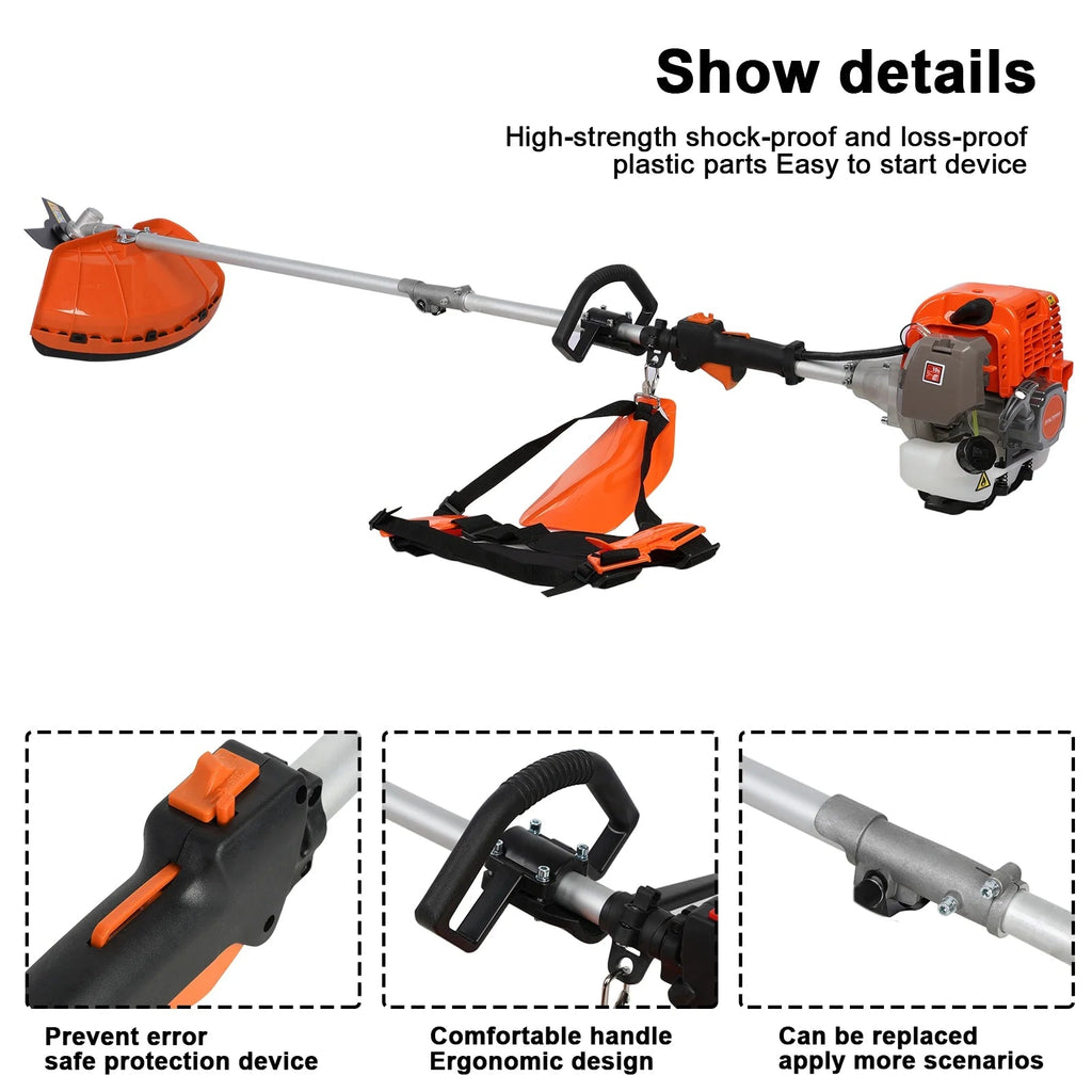 Gas Weed Eater 52cc 2-Stroke Multi-Function Brush Cutter, Orange