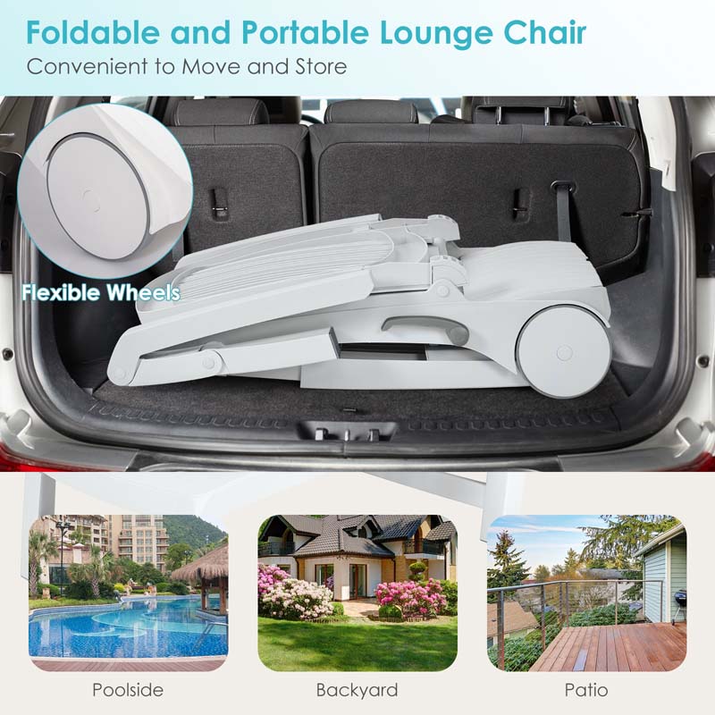 Folding Plastic Outdoor Chaise Lounge Chair With Wheels, 6-Position, 65.5 x 29 x 16.5-37 in, 330 lbs