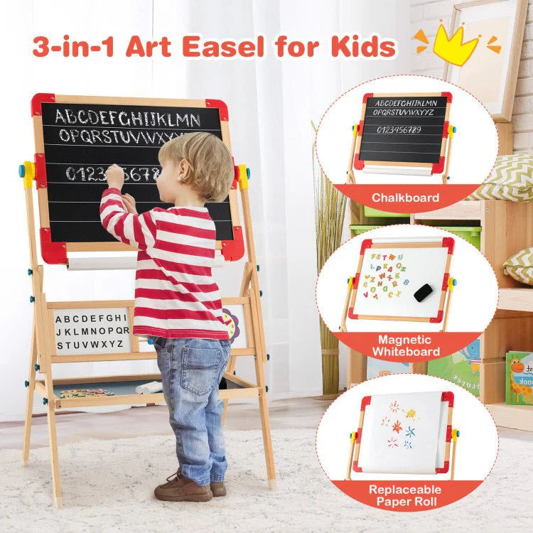 Kids Wooden Art Easel With Chalkboard, Magnetic Whiteboard And Paper Roll - 3-In-1