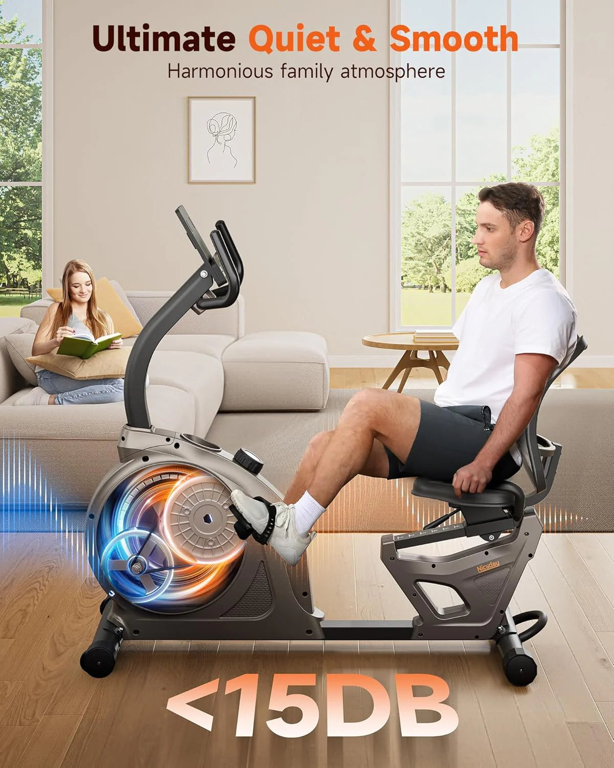 Niceday Recumbent Exercise Bike, 400 LBS Capacity, 16-Level Magnetic Resistance, Brown+Orange