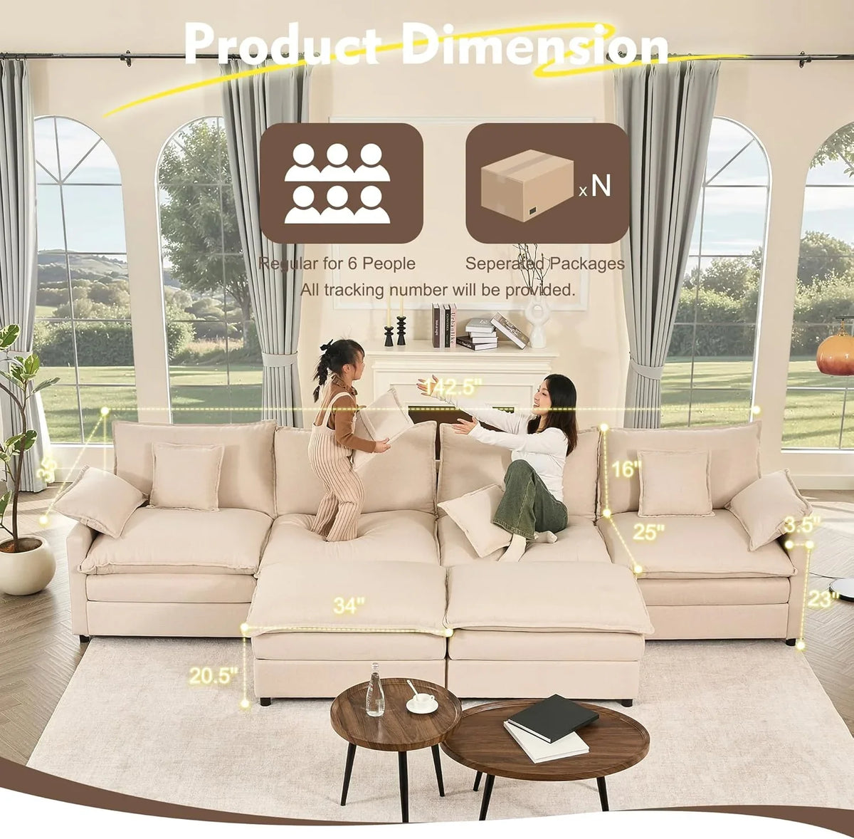 108 Inch U Shape Sectional Sofa With Removable Footstool