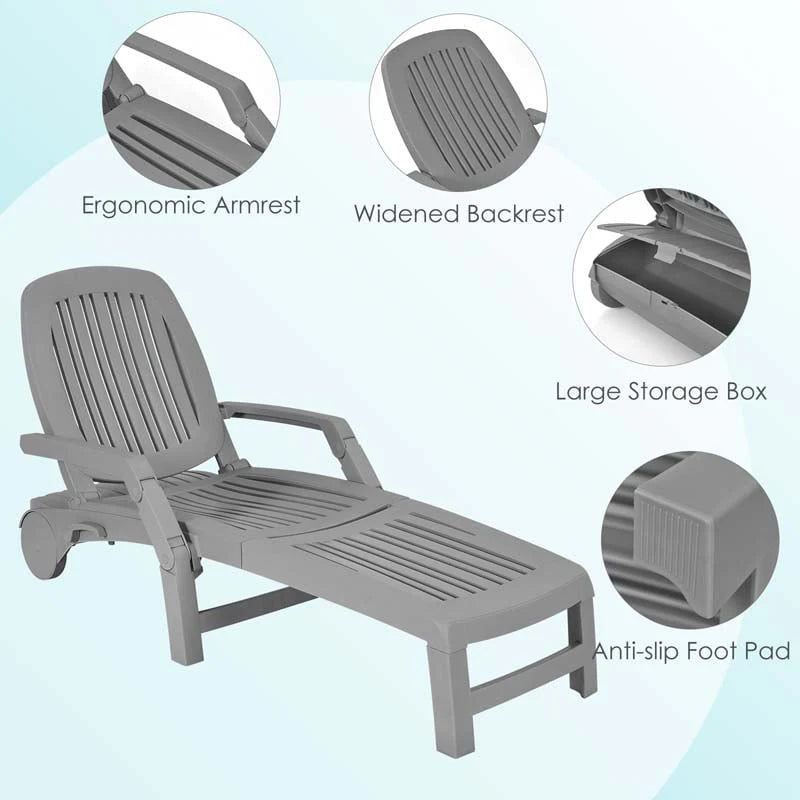 Folding Plastic Outdoor Chaise Lounge Chair With Wheels, 6-Position, 65.5 x 29 x 16.5-37 in, 330 lbs