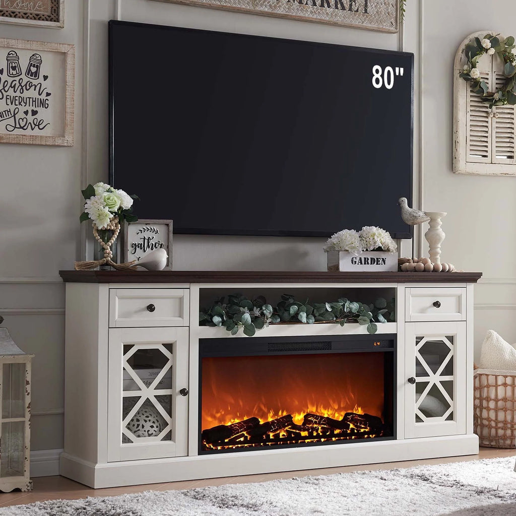 SinCiDo Farmhouse Fireplace TV Stand With 36 Inch Electric Fireplace For 80 Inch TVs, 70 Inch