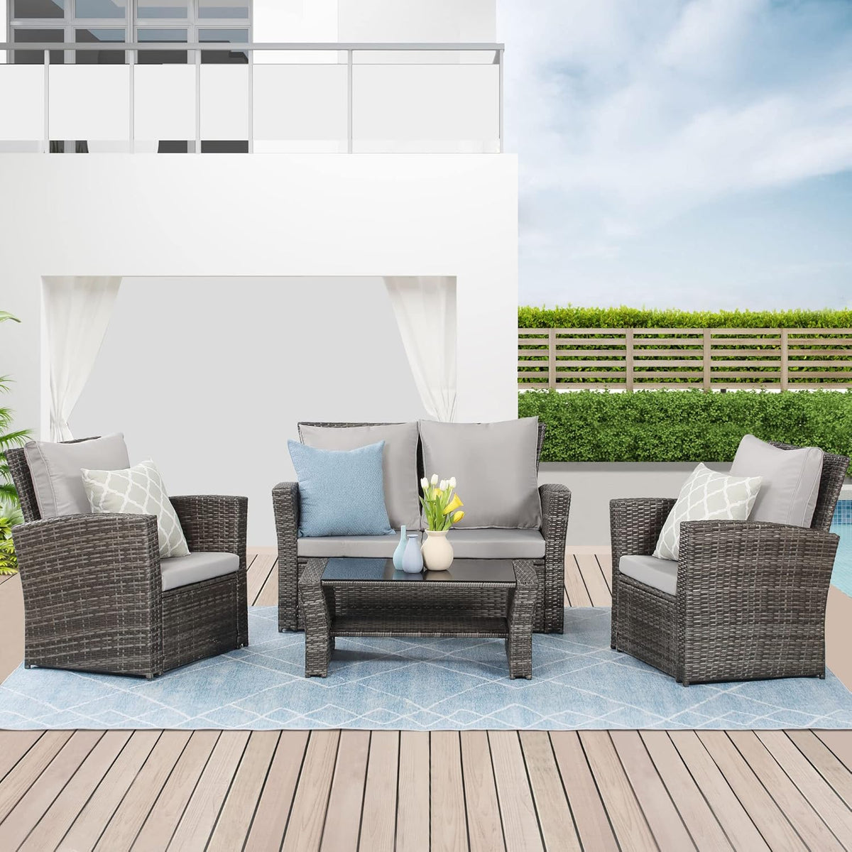 Wisteria Lane 4-Piece Outdoor Wicker Patio Conversation Set With Blue Cushions