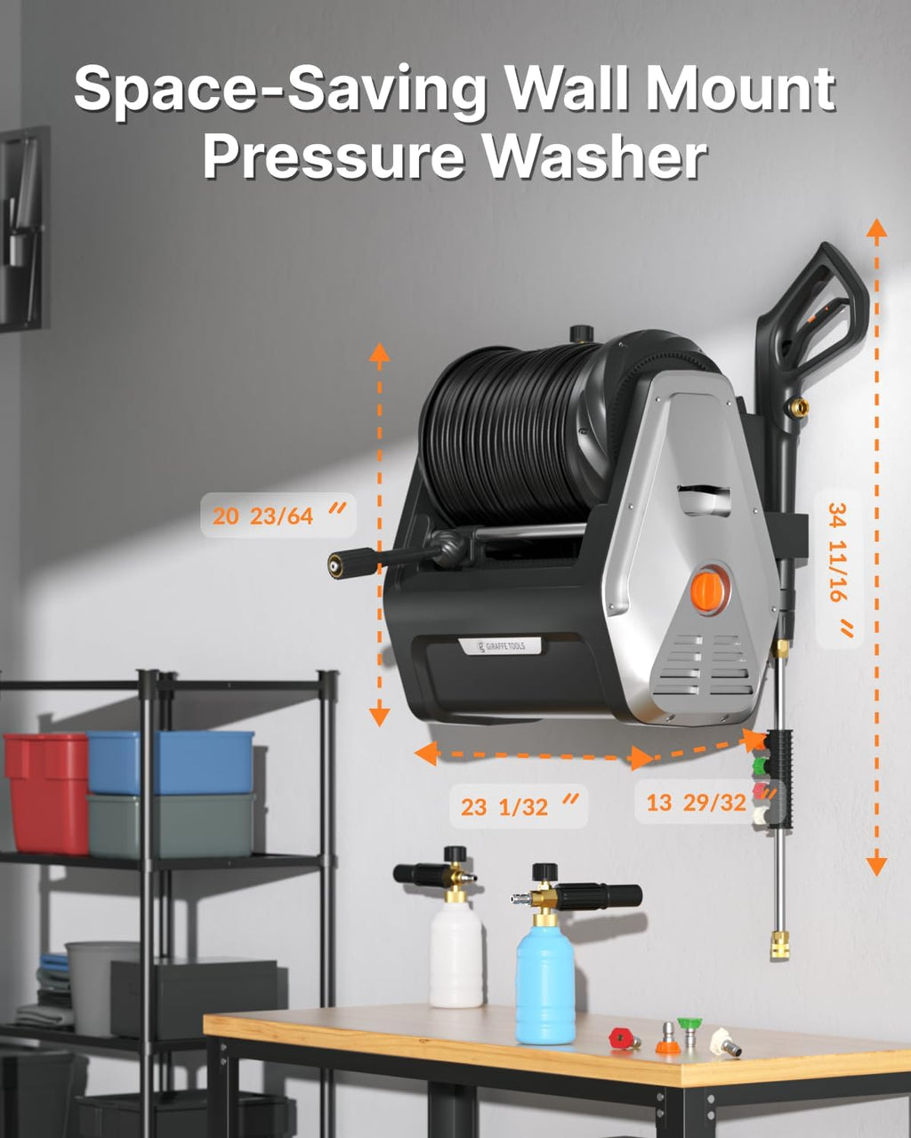 Giraffe Tools Wall Mounted Electric Pressure Washer, 1800W, 2900 PSI, 2.2 GPM, 100 ft Hose, 5 Nozzles