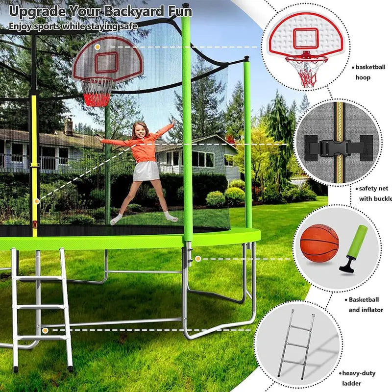 Trampoline With Enclosure Net And Adjustable Basketball Hoop - 8ft, 10ft, 12ft, 14ft, 15ft, 16ft