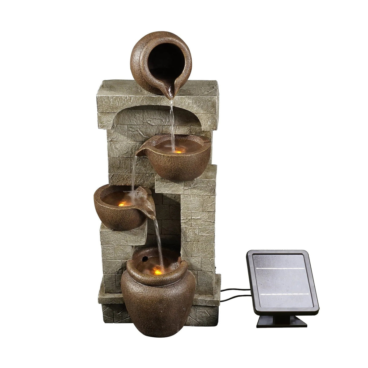 Teamson Home Solar Powered 4-Tier Cascading Bowls Garden Water Fountain With LED Lights, Brown, 28.5 in