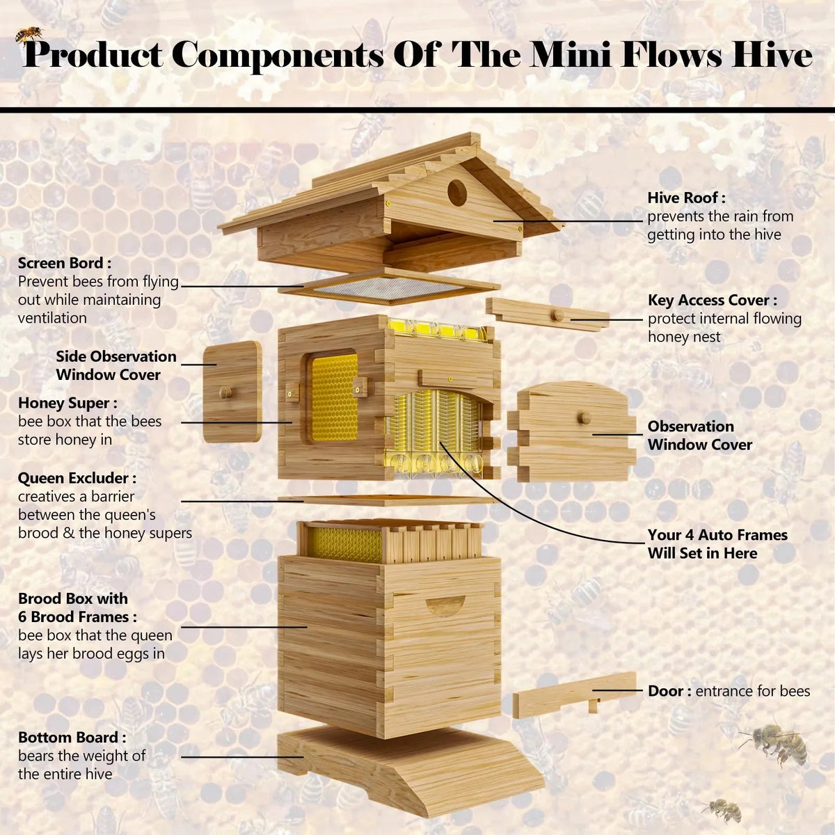 AUSHIVE Wax-Coated Cedarwood Beehive Kit With 4 Beehive Frames And 6 Brood Frames - Beige