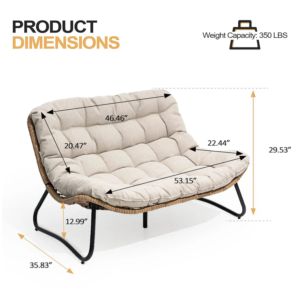 Crestlive Products Patio Loveseat With Cushions, Beige, 53 in x 36 in x 30 in, 350 Pounds Capacity