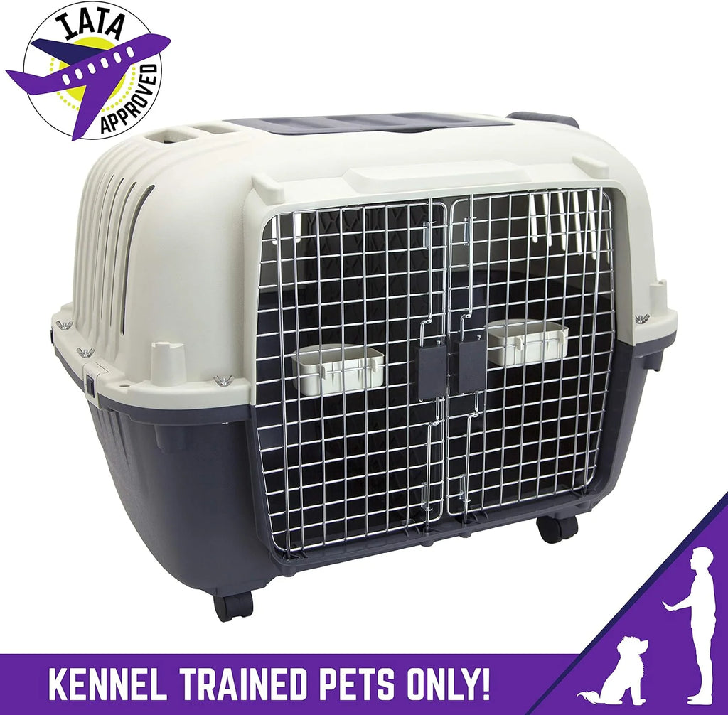 SportPet Designs Plastic Airline Approved Rolling Dog Kennel With Wire Door, XXX-Large, Gray, 48in L x 32in W x 36in H