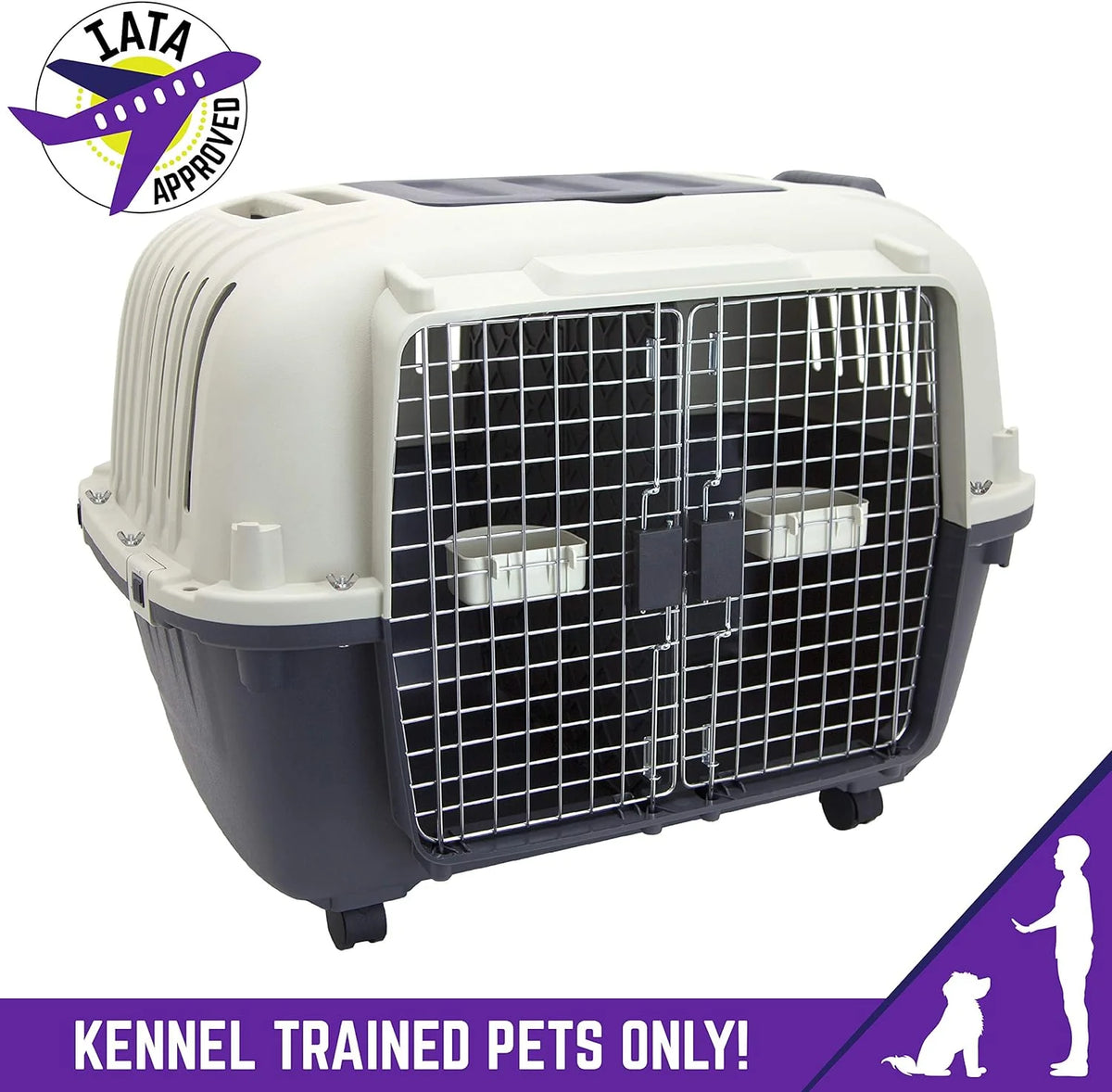 SportPet Designs Plastic Airline Approved Rolling Dog Kennel With Wire Door, XXX-Large, Gray, 48in L x 32in W x 36in H
