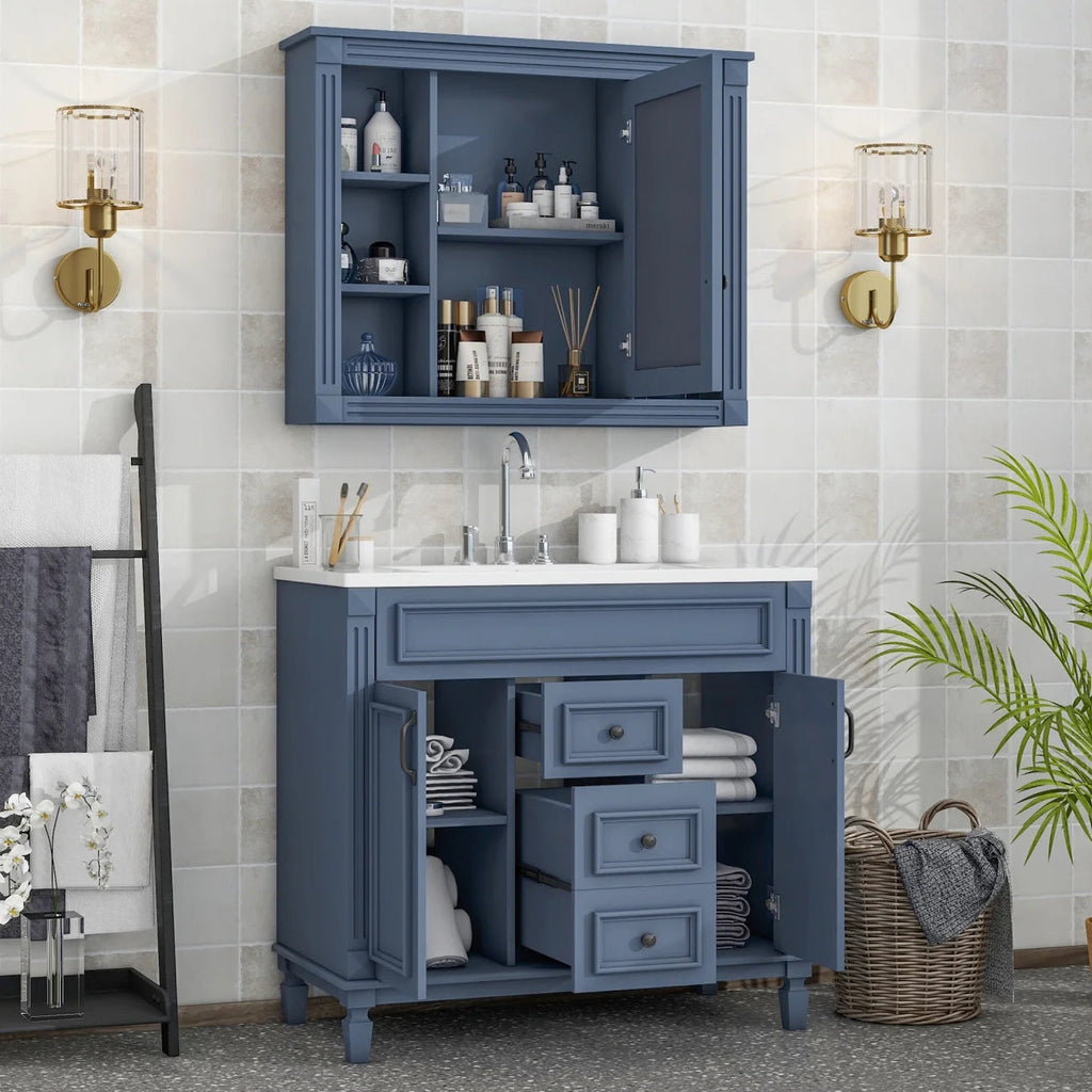 36'' Bathroom Vanity Set With Ceramic Sink Top, Mirror Cabinet, 2 Doors And 2 Drawers - Gray