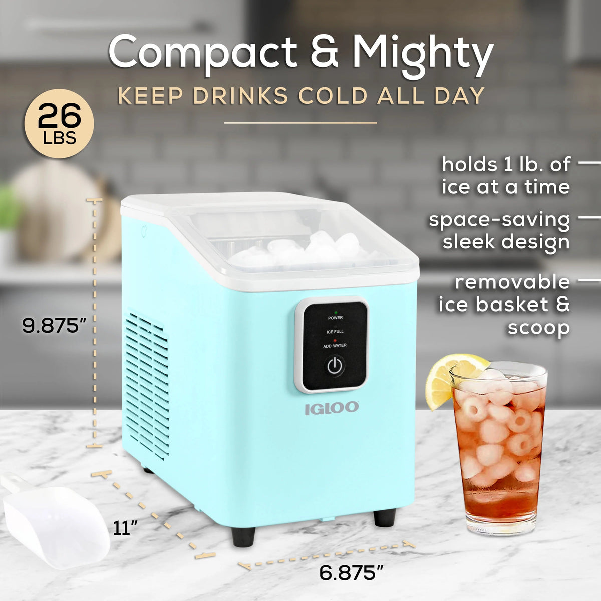 Igloo Self-Cleaning Countertop Ice Maker, 26 lbs. Per Day, 8 Pieces Every 7-8 Minutes, Aqua