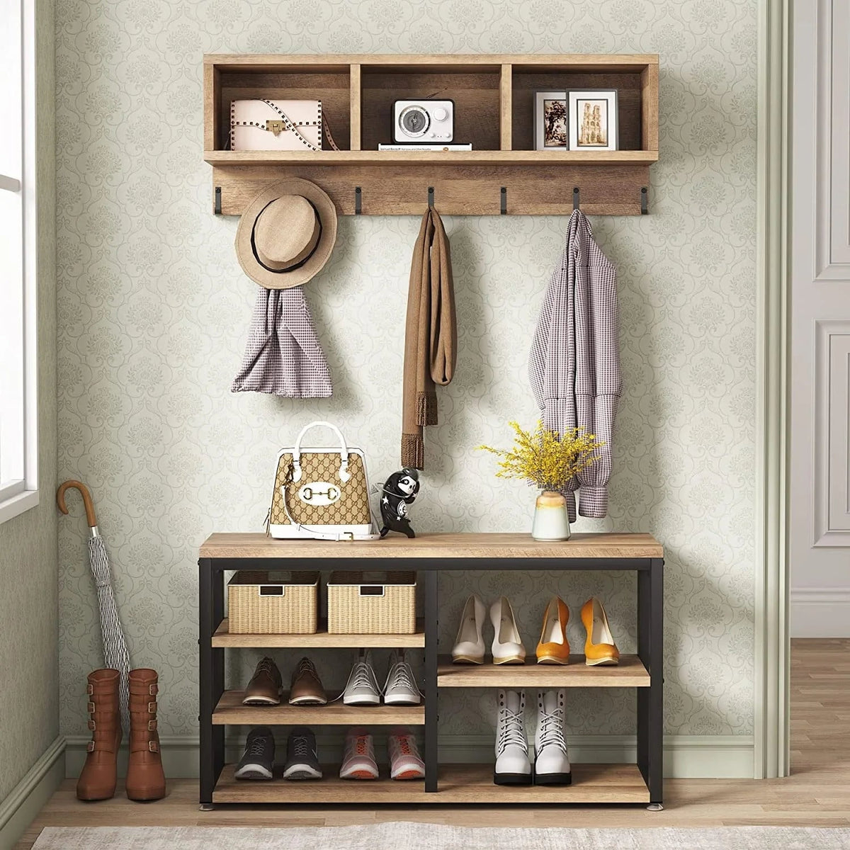 5-in-1 Entryway Hall Tree With Coat Rack, Shoe Bench, 7 Hooks, 3 Cubbies And 3-Tier Shoe Rack