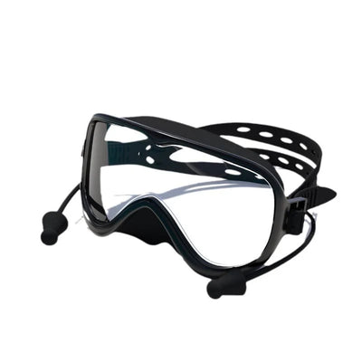 Silicone Large-Frame Swimming Goggles With Cap Set, Black - Clear Lens