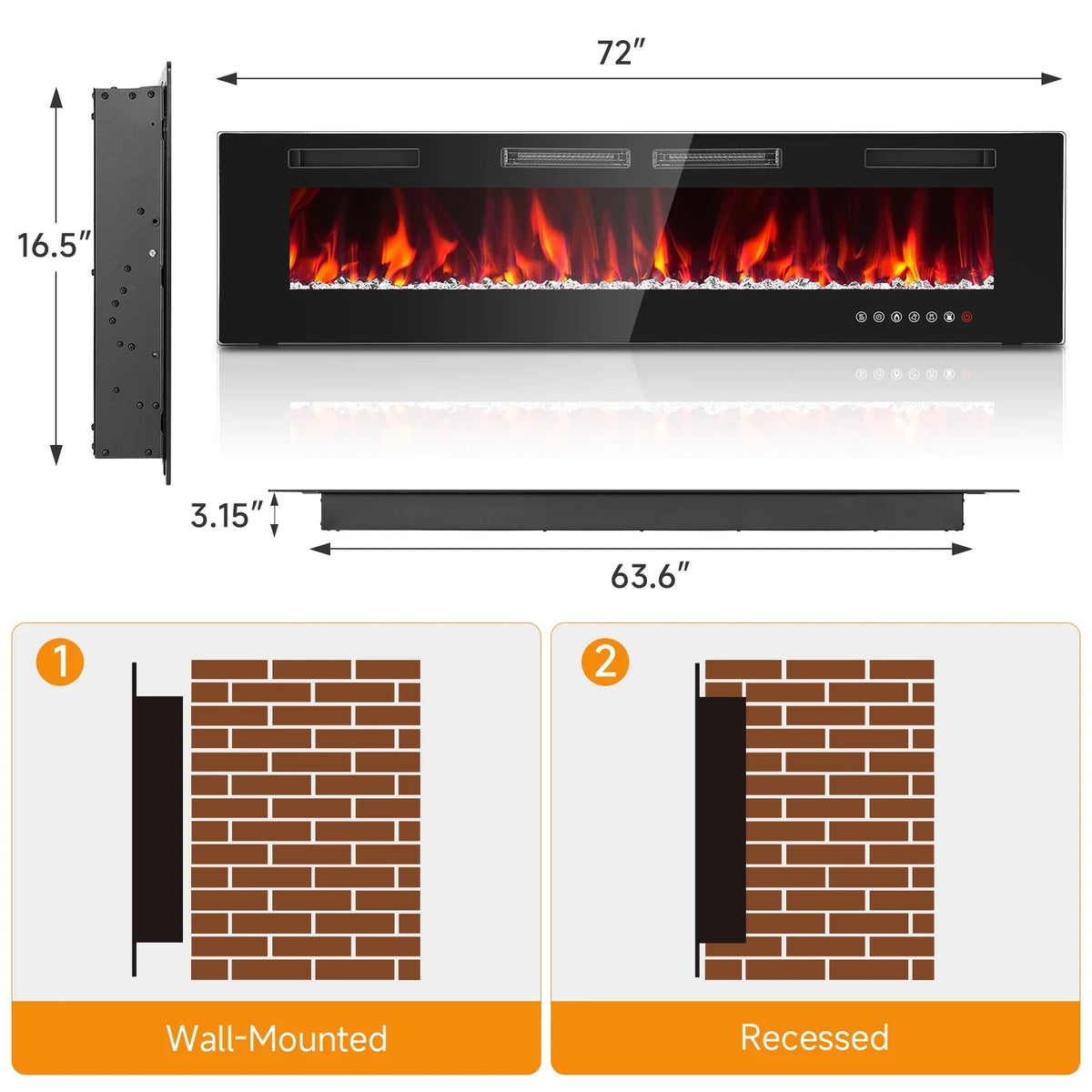 Dovov Wall Mounted Electric Fireplace Heater, 50 inch, Black, 750/1500W